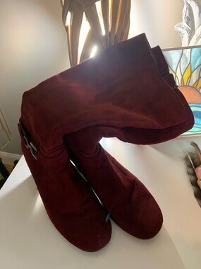 Burgundy Suede Mid-Calf Boots